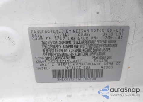 2016 Nissan Versa Note S (Sr)/S Plus/Sl/Sr/Sv z USA, uszkodzony, nr VIN 3N1CE2CP5GL381508